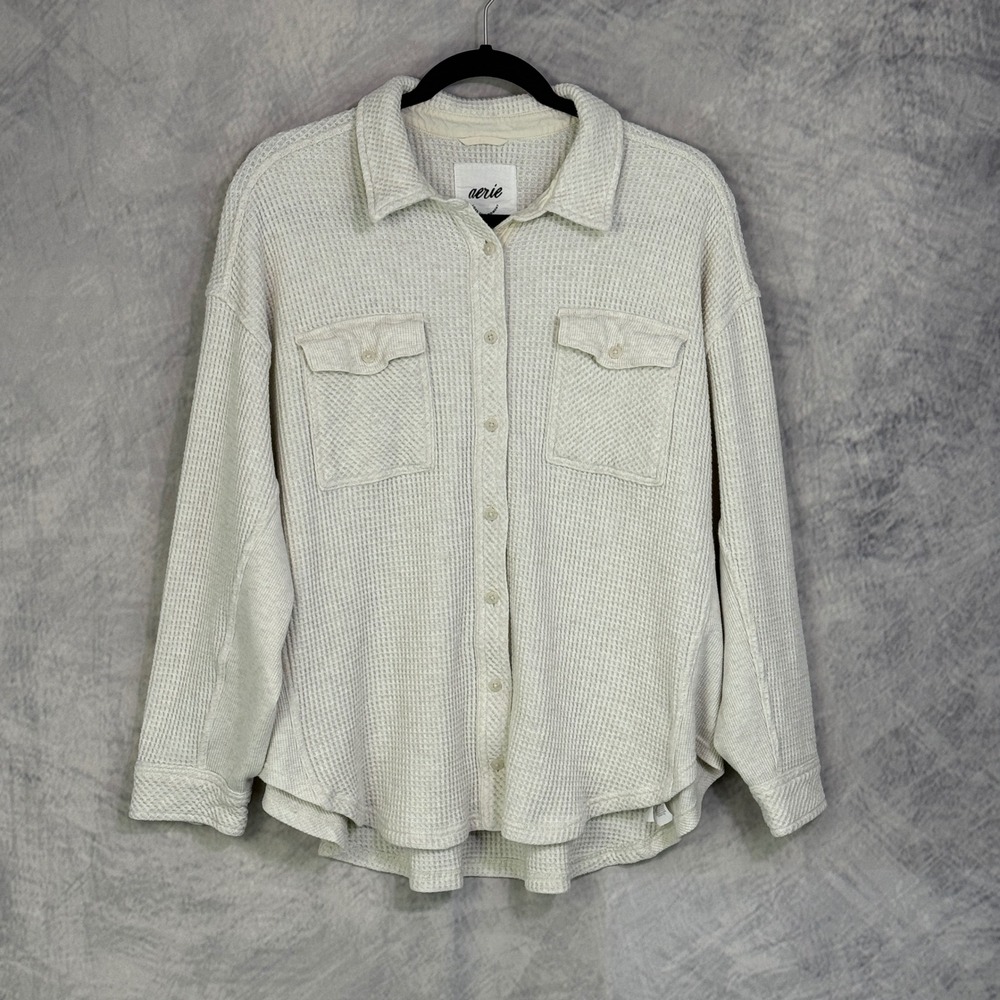 Aerie‎ Lumberjane Waffle Knit Button Down Top Womens sz M Cream oversized
